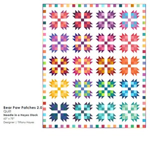 May include: A quilt pattern called "Bear Paw Patches 2.0" using the "Needle in a Hayes Stack" technique. The quilt is 63 inches by 78 inches and features a rainbow of colors in a bear paw design.