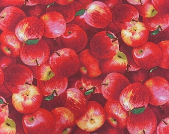 May include: A fabric pattern featuring a dense arrangement of red apples. The apples have a glossy appearance with visible stems and green leaves. Some apples are cut, revealing the interior flesh. The overall design is a vibrant, eye-catching pattern.
