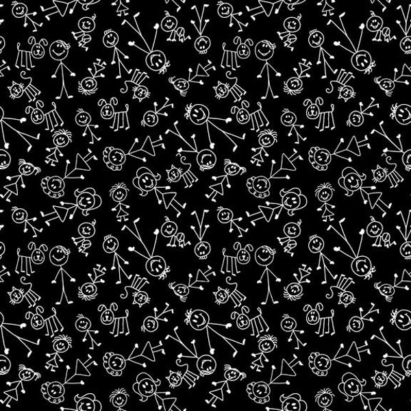 Quilting Treasures~Home~Stick Figures~Black~Cotton Fabric by the Yard or Select Length 28348-J