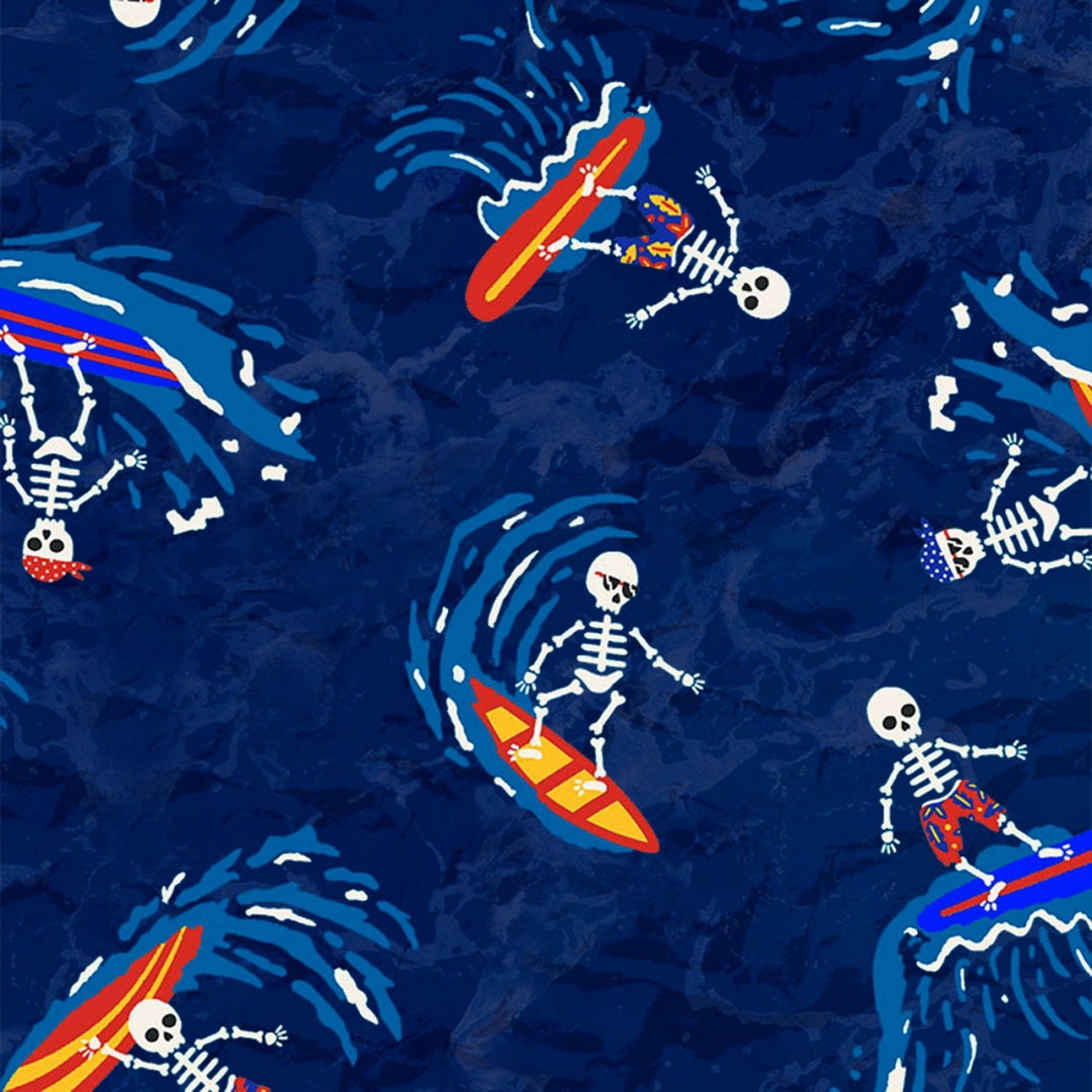 Timeless Treasures Day of the Dead Surfing Skeletons Blue Cotton Fabric ...