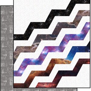 May include: A quilt pattern featuring a white background with black zig-zag lines and colorful galaxy images. The title "The Hidden Universe by RJR Studio + Wiley Way Quilt Pattern by Sassafras Lane Designs" is at the top of the image.
