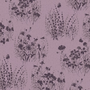 May include: A repeating pattern featuring silhouettes of wildflowers, butterflies, and dragonflies in shades of purple and gray. The design is set against a textured, light purple background, creating a botanical theme.