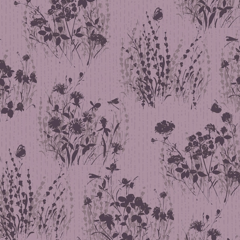 May include: A repeating pattern featuring silhouettes of wildflowers, butterflies, and dragonflies in shades of purple and gray. The design is set against a textured, light purple background, creating a botanical theme.