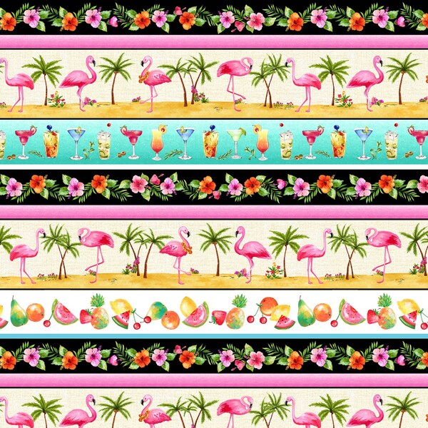 Michael Miller~Greetings From~Tickled Pink Border Stripe~Digital~Multi~Cotton Fabric by the Yard or Select Length DCX9750-MULT