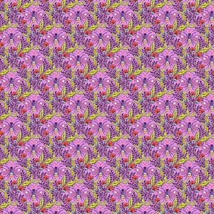 May include: A repeating pattern featuring stylized butterflies with heart-shaped markings, surrounded by floral and leaf elements. The design incorporates shades of purple, red, yellow, and green on a pink background. The overall aesthetic is whimsical and decorative.
