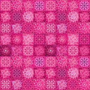 May include: A seamless pattern featuring pink flowers and intricate geometric designs. The pattern is made up of repeating squares, each containing a different design. The flowers are in various stages of bloom, and the geometric designs are all different shapes and sizes.