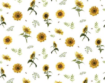 Riley Blake Honey Bees And Flowers Please Sunflowers and Bees Tela de algodón blanca cortada a medida o seleccione largo C15133-WHITE