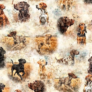 Könnte beinhalten: Ein Stoffmuster mit verschiedenen Hunderassen im Aquarellstil. Die Hunde sind in verschiedenen Posen dargestellt, mit einer Mischung aus Braun-, Schwarz- und Beigetönen. Der Hintergrund hat ein strukturiertes, abstraktes Design.