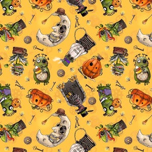 May include: A repeating pattern on a yellow background featuring Halloween-themed illustrations. The design includes pumpkins, Frankenstein-like monsters, crescent moons, keys, gears, and vintage-style typewriters. The overall theme is a whimsical, spooky aesthetic.