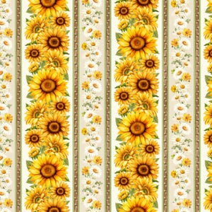 May include: A fabric pattern featuring vertical stripes of yellow sunflowers and white daisies on a cream background. The design includes alternating bands of large sunflowers and smaller daisies separated by thin brown and green decorative borders.