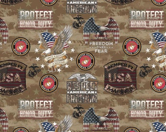 Sykel Enterprises Military Police Fire and Nurses US Marine Camo Flag Allover Brown Cotton Fabric by the Yard or Select Length 1338M