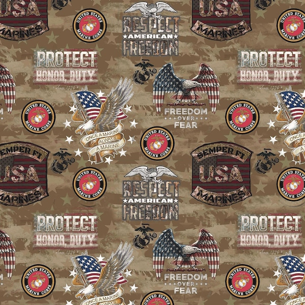 EOB ~ Sykel Enterprises ~ Pompiers et infirmières de la police militaire ~ US Marine Camo Flag Allover ~ Marron ~ Tissu en coton par cour ou longueur sélectionnée 1338 M