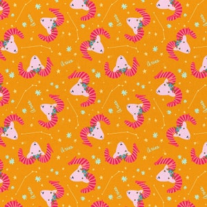 May include: A seamless pattern featuring pink and white cartoon rams with floral headbands on a bright orange background. The rams are surrounded by white stars and constellations. The word "Aries" is repeated throughout the pattern.