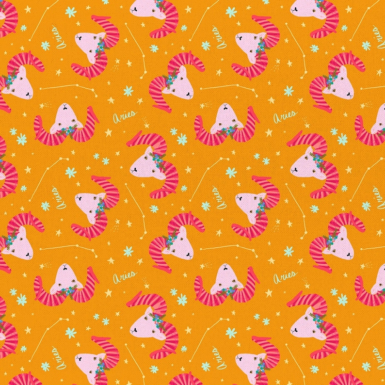 May include: A seamless pattern featuring pink and white cartoon rams with floral headbands on a bright orange background. The rams are surrounded by white stars and constellations. The word "Aries" is repeated throughout the pattern.