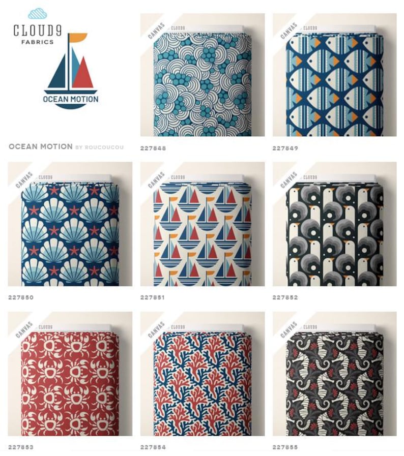 May include: A collection of patterned fabric samples with nautical and ocean-themed designs. The fabrics feature sailboats, fish, seashells, coral, and seahorses in various colors, including blue, red, and white. The "Ocean Motion" collection is by Cloud9 Fabrics.