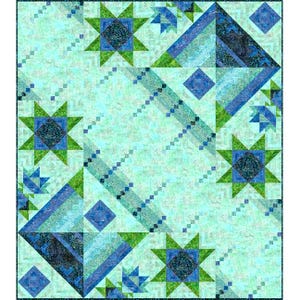 May include: A geometric quilt featuring a repeating pattern of stars, diamonds, and triangles in shades of blue, green, and teal. The quilt has a light blue background with a textured appearance. The design is symmetrical and visually appealing.