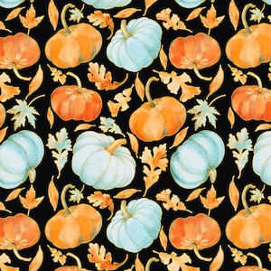May include: A seamless pattern featuring alternating blue and orange pumpkins with gold accents on a black background. The pumpkins are surrounded by gold leaves.