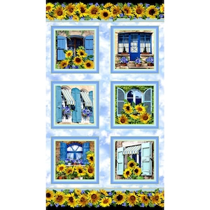 May include: Six windows with blue shutters and yellow sunflowers in front of them. The windows are framed in white and set against a blue sky with white clouds. The image is repeated at the top and bottom with a row of sunflowers.