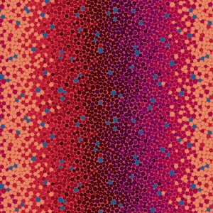 Puede incluir: Patrón abstracto con un degradado de naranja, rojo, morado y azul. El patrón está formado por pequeños círculos.