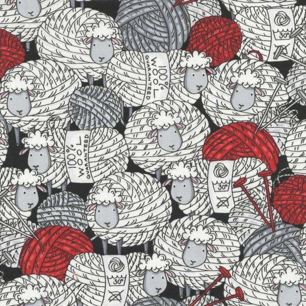 Timeless Treasures~Knitting Sheep~Knitting Sheep~Black~Cotton Fabric by the Yard or Select Length C3587-BLK