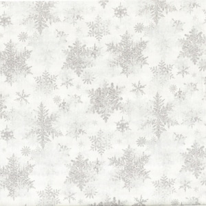 May include: White fabric with a repeating pattern of silver snowflakes in various sizes. The snowflakes have a glittery appearance, creating a wintery or holiday theme. The design is suitable for crafts, apparel, or home decor.