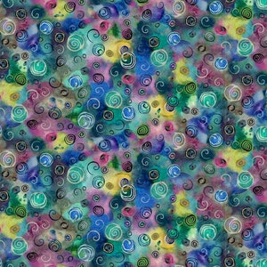 May include: Abstract watercolor pattern with swirls and circles in shades of blue, green, purple, and yellow.