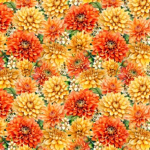 May include: A seamless pattern of vibrant dahlias in shades of orange and yellow. The flowers are densely packed, creating a rich, textured design. Small white flowers and green leaves are interspersed throughout the floral arrangement.