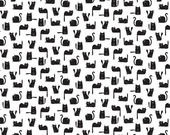 Timeless Treasures~Feeline Good~Tossed Black Cats~White~Cotton Fabric by the Yard or Select Length CD2572-WHITE