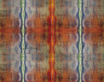 May include: Abstract digital art print with a distressed, vintage look. The background is a mix of brown, orange, and gray with a faded, layered effect. Two vertical stripes of color run down the center of the print, one in shades of blue and green, the other in shades of orange and yellow. The print features the text "Le Monde Tourner" in a cursive font.