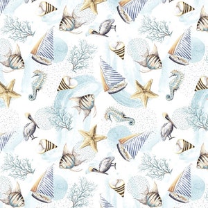 May include: A seamless pattern featuring watercolor illustrations of nautical and ocean life. The pattern includes sailboats, starfish, seahorses, fish, pelicans, seashells, and coral. The background is a light blue watercolor wash.
