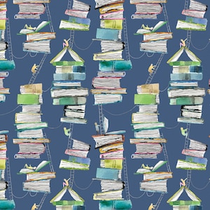 May include: A seamless pattern featuring stacks of books with ladders and people climbing them. The background is a solid blue color. The books are illustrated in a watercolor style with various colors and patterns.