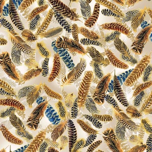 Benartex~Harvest Festival~Gilded Feathers w/ Metallic Gold~Cream~Cotton Fabric by the Yard or Select Length 14034M-07