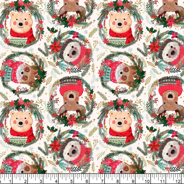 Free Spirit~Christmas Squad by Mia Charro~Fuzzy Friends~Ivory~Cotton Fabric by the Yard or Select Length PWMC012-XIVORY