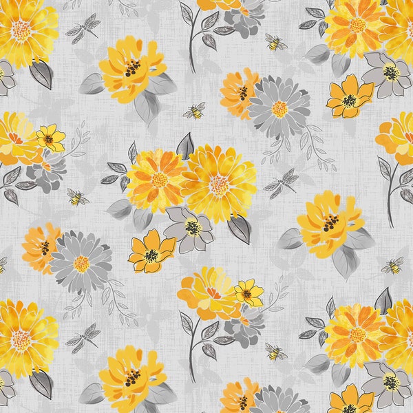 EOB~Blank Quilting~Mellow Yellow~Large Floral~Light Gray~Cotton Fabric by the Yard or Select Length 1964-90