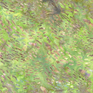 May include: A green and brown fabric with a repeating pattern of fish silhouettes. The fish are in various sizes and are arranged in a diagonal pattern.