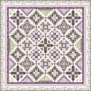 May include: A square quilt with a complex geometric pattern in shades of lavender, cream, and olive green. The design features star-like shapes, diamonds, and triangles, all meticulously pieced together. The border has a floral pattern.