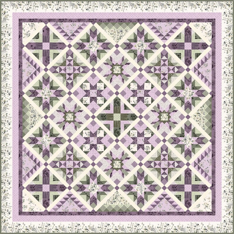 May include: A square quilt with a complex geometric pattern in shades of lavender, cream, and olive green. The design features star-like shapes, diamonds, and triangles, all meticulously pieced together. The border has a floral pattern.