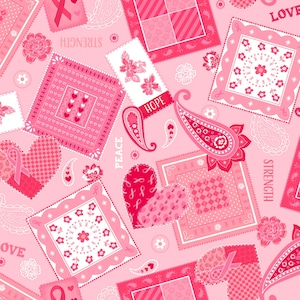 Windham Fabrics~Patches of Hope~Love Peace and Strength~Pink~Cotton Fabric by the Yard or Select Length 53208-1