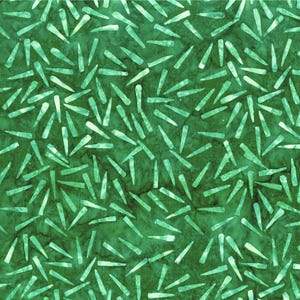 Könnte beinhalten: Ein grüner Stoff mit einem sich wiederholenden Muster aus hellgrünen, länglichen, tropfenförmigen Formen.