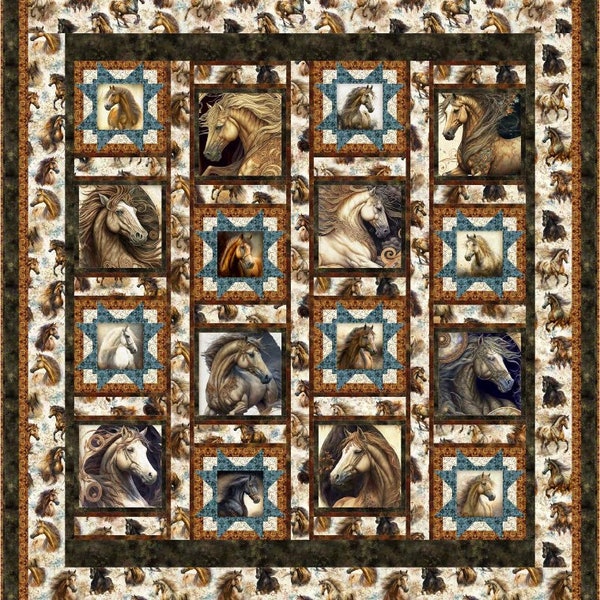 Kit de courtepointe ~ Stallion Song ~ 64 x 71 po. Courtepointe en blocs chevaux sauvages (avec motif et tissu pour le dessus de la courtepointe et la reliure) AAFQK-1156