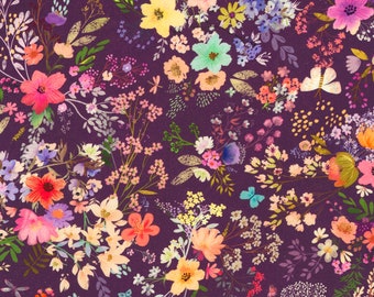 Robert Kaufman~Unicorn Meadow~Flowers~Plum~Cotton Fabric by the Yard or Select Length AQOD2241824