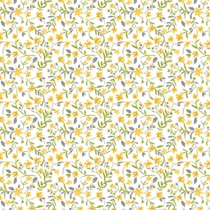 May include: A seamless pattern featuring small yellow flowers with green stems and gray leaves on a white background.