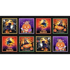 Blank Quilting~Spooky Aura~24.5&quot; x 43.5&quot; Happy Halloween 8-Block Panel~GLOW in the DARK~Black~Cotton Fabric by the Panel 3990G-99