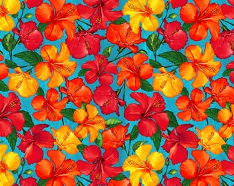 Windham Fabrics~Tropical Paradise~Hibiscus~Cyan~Cotton Fabric by the Yard or Select Length 53929-4