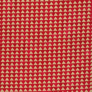 May include: Red fabric with a repeating pattern of gold triangles.