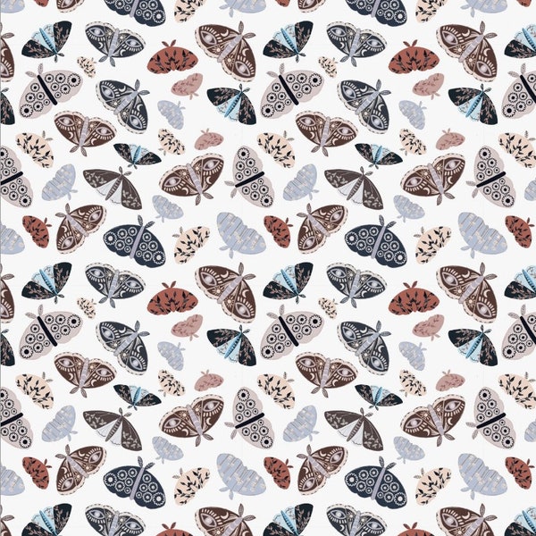 P&B Textiles~Fawnd of You~Tossed Moths~White~Cotton Fabric by the Yard or Select Length FOYO5107-W