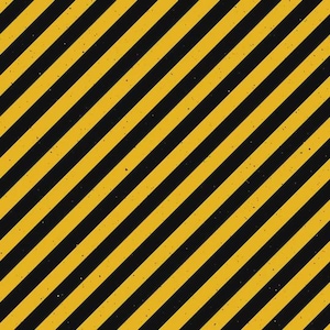 May include: A repeating pattern of diagonal stripes in alternating black and yellow colours. The design features a distressed, textured appearance with small dark speckles scattered across both the black and yellow bands throughout the surface.