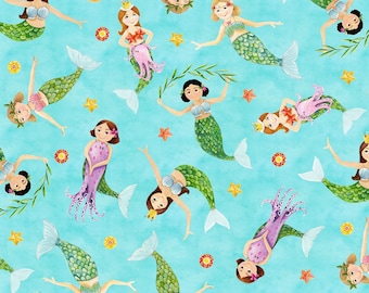 Elizabeth Studios Sirenitas Mermaid Toss Tela de algodón azul cortada a medida 17003E-BLU