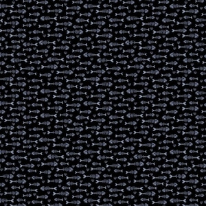 Puede incluir: Un patrón repetitivo de esqueletos de peces y pequeños corazones en gris claro sobre un fondo negro. Los esqueletos de peces están dispuestos horizontalmente, con corazones intercalados.