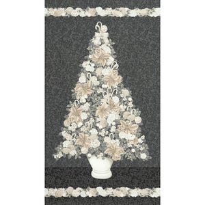 May include: A Christmas tree design featuring a white vase filled with beige poinsettias, white flowers, and candy canes. The tree is set against a dark gray background with a floral pattern, framed by decorative borders.
